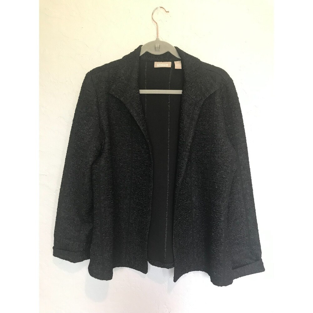 Chico's Black Ribbon Crepe Textured Open Front Blazer Jacket SZ 1(L) 3/4 Sleeve